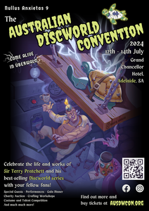 Australian Discworld Convention 2024 poster, featuring Igor bringing the turtle Rina to life with lightning