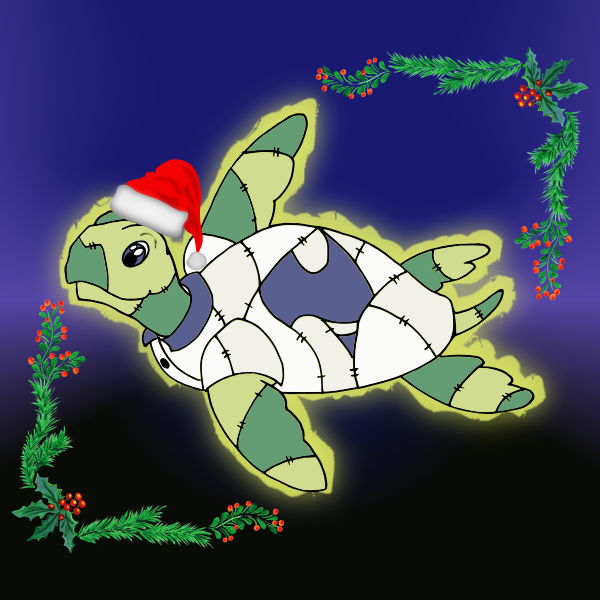 Rina the turtle wearing a Hogswatch hat